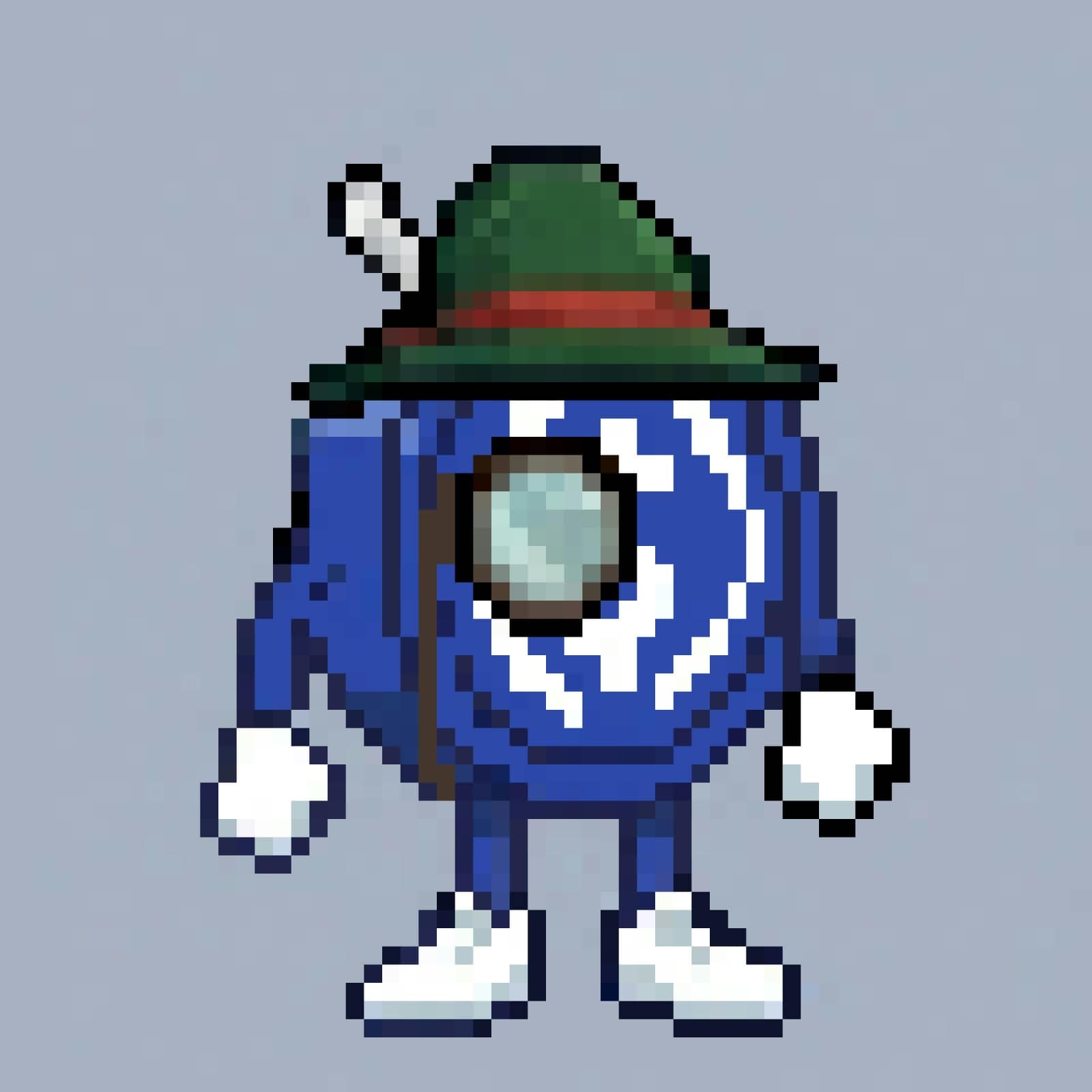 HERR BLAU, a pixel USDC coin checking the price in a hand mirror
